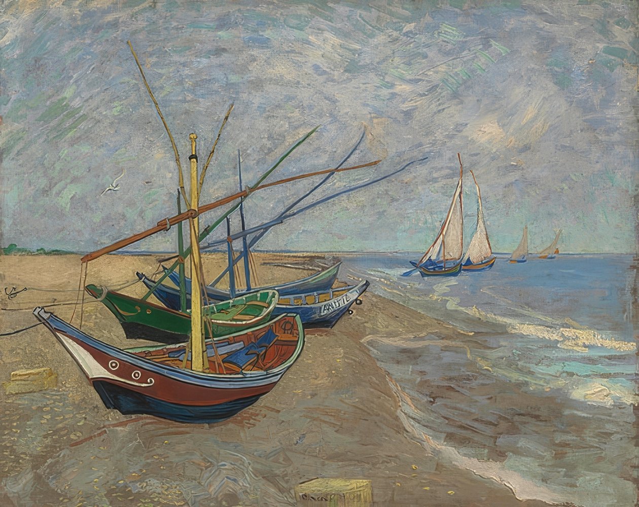 Fiskebåtar på stranden vid Les Saintes-Maries-de-la-Mer. Arles, juni 1888 av Vincent van Gogh