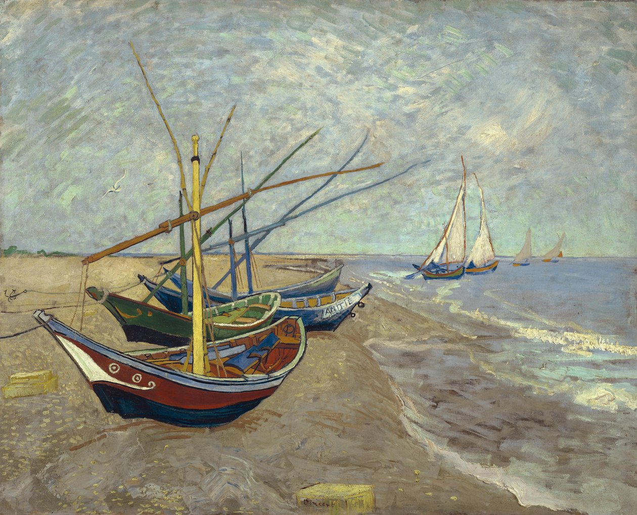 Fiskebåtar på stranden i Les Saintes-Maries-de-la-Mer av Vincent van Gogh