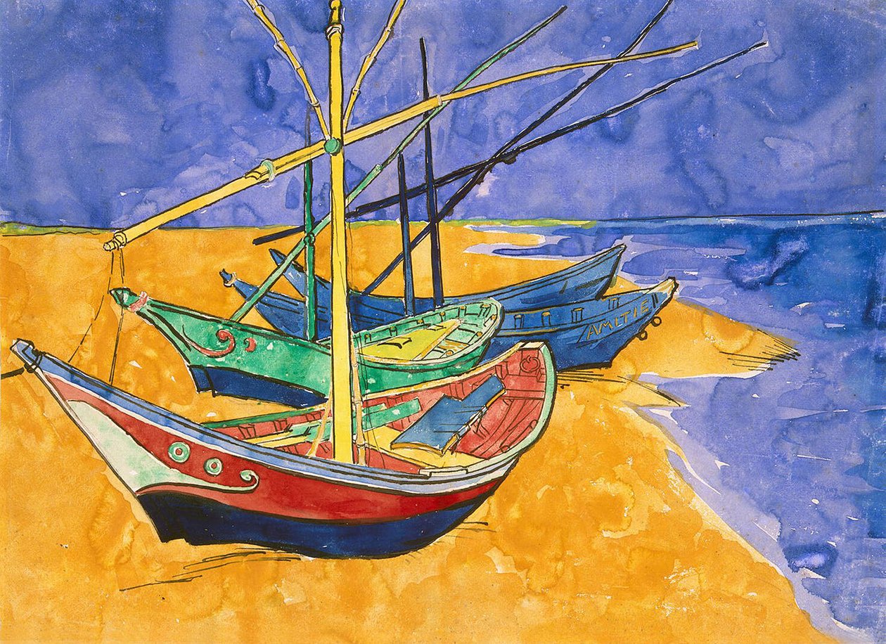 Fiskebåtar på stranden vid Saintes-Maries-de-la-Mer (penna och bläck med akvarell på papper) av Vincent van Gogh