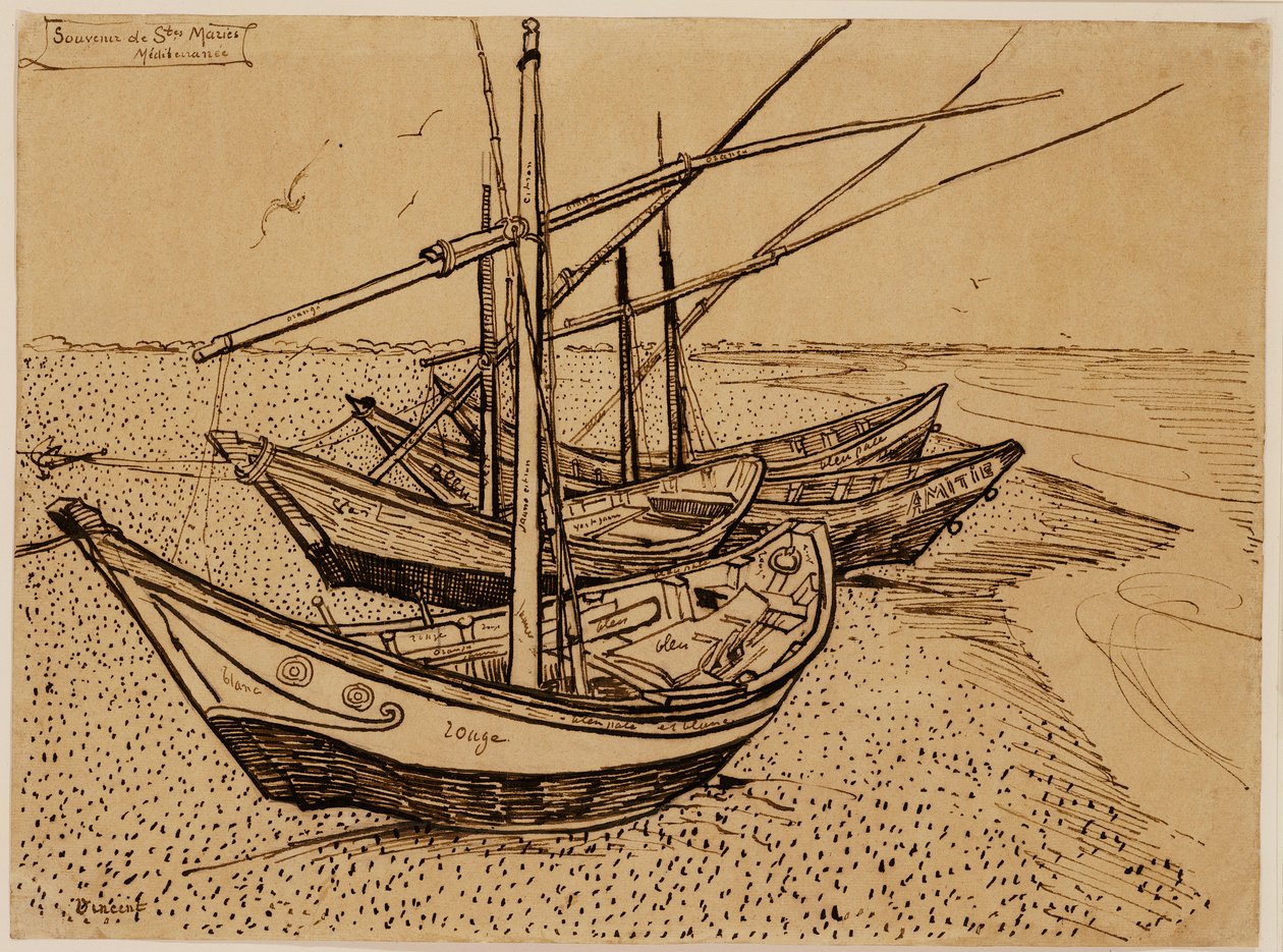 Fiskebåtar på stranden vid Saintes-Maries-de-la-Mer av Vincent van Gogh