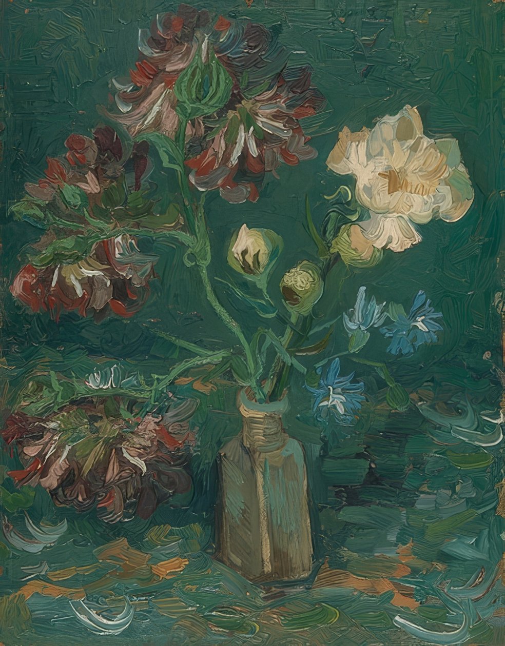 Flaska med pioner och delphinium. 1886 av Vincent van Gogh