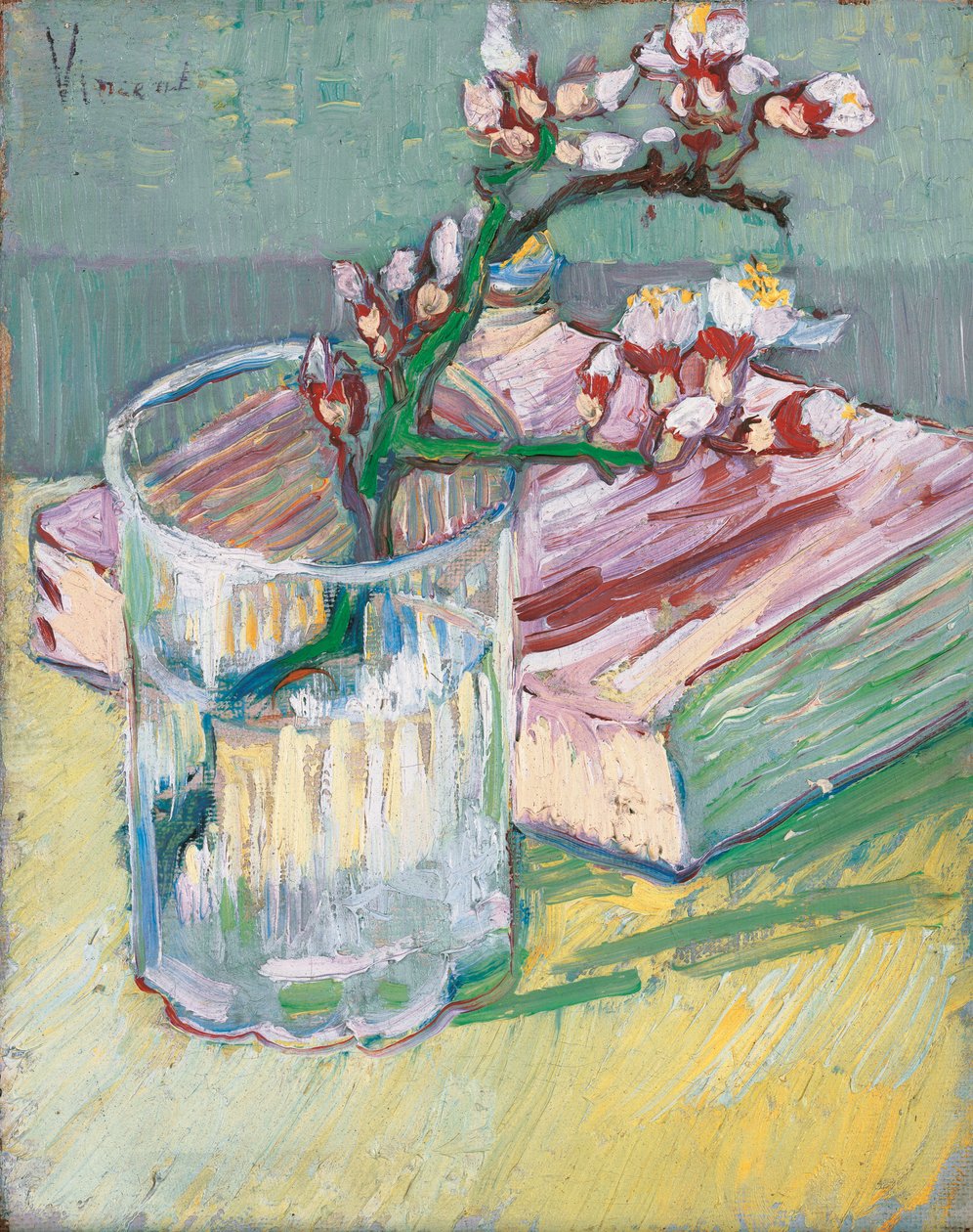Blommande mandelgren i ett glas med en bok, 1888 av Vincent van Gogh