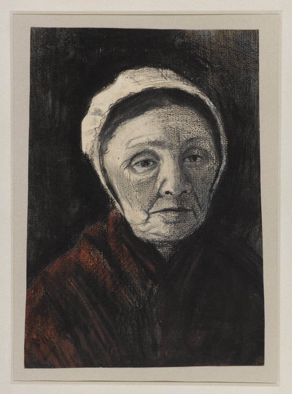 Huvud av en gammal kvinna i en Scheveninger-keps, 1882-83 (kol, svart och brun krita på papper) av Vincent van Gogh