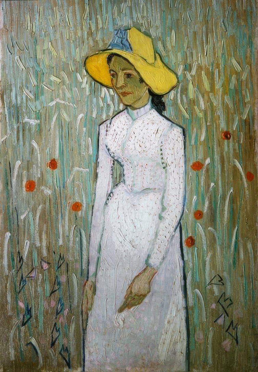 Ung flicka som står framför ett vetefält av Vincent van Gogh