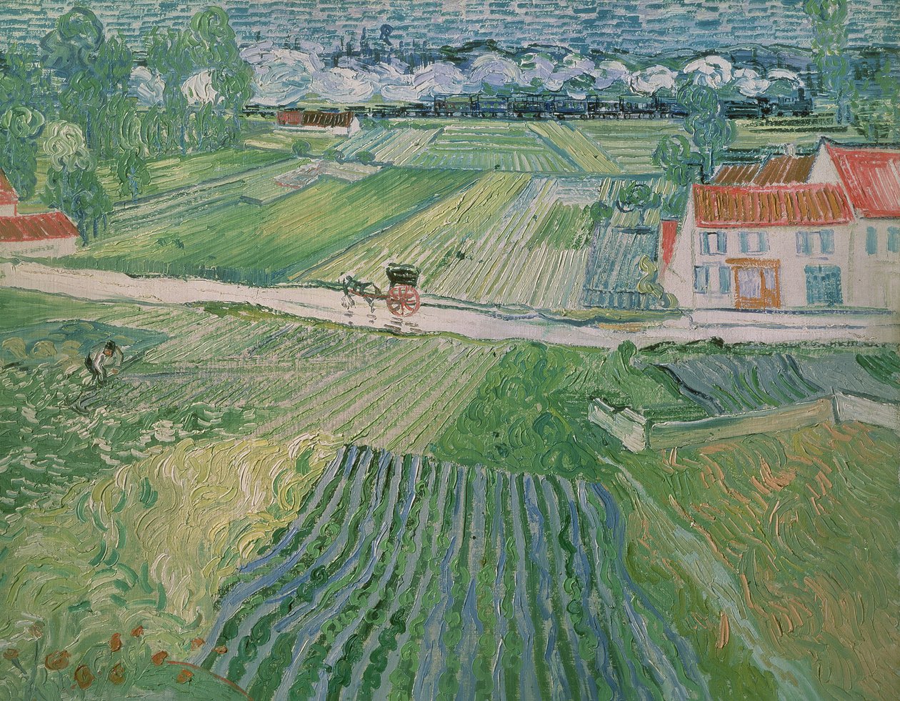 Landskap i Auvers efter regn (Landskap med vagn och tåg) av Vincent van Gogh