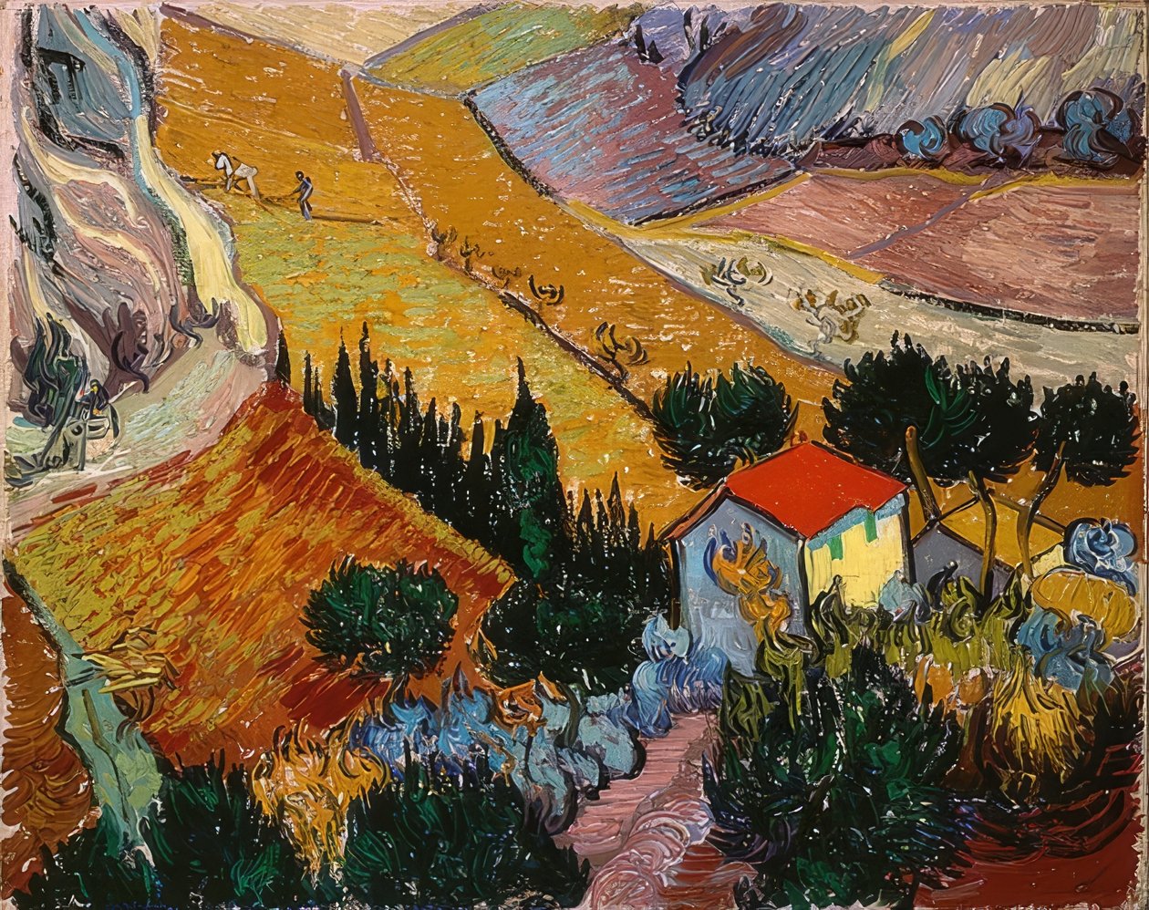 Landskap med hus och plogman. 1889 av Vincent van Gogh