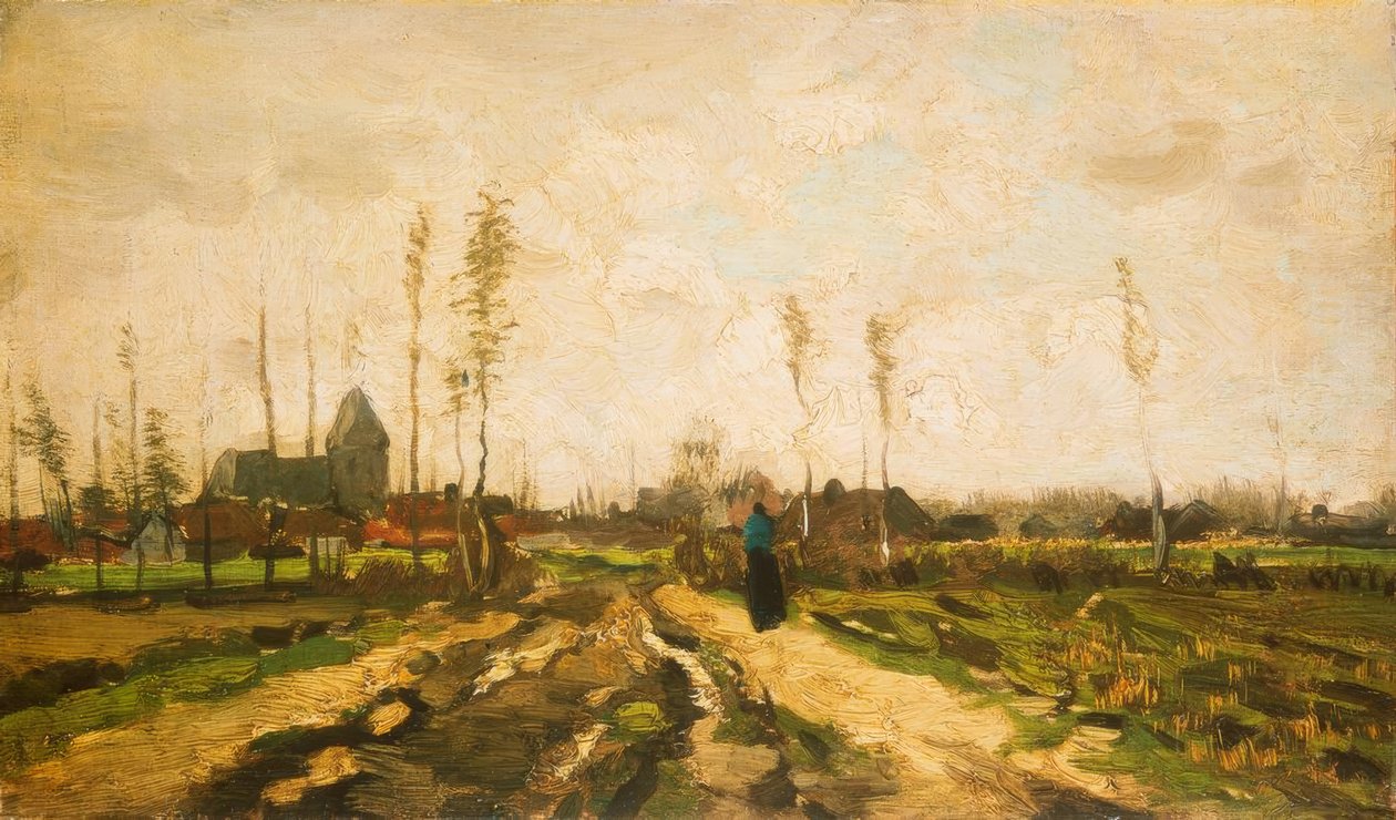 Landskap med kyrka och hus av Vincent van Gogh