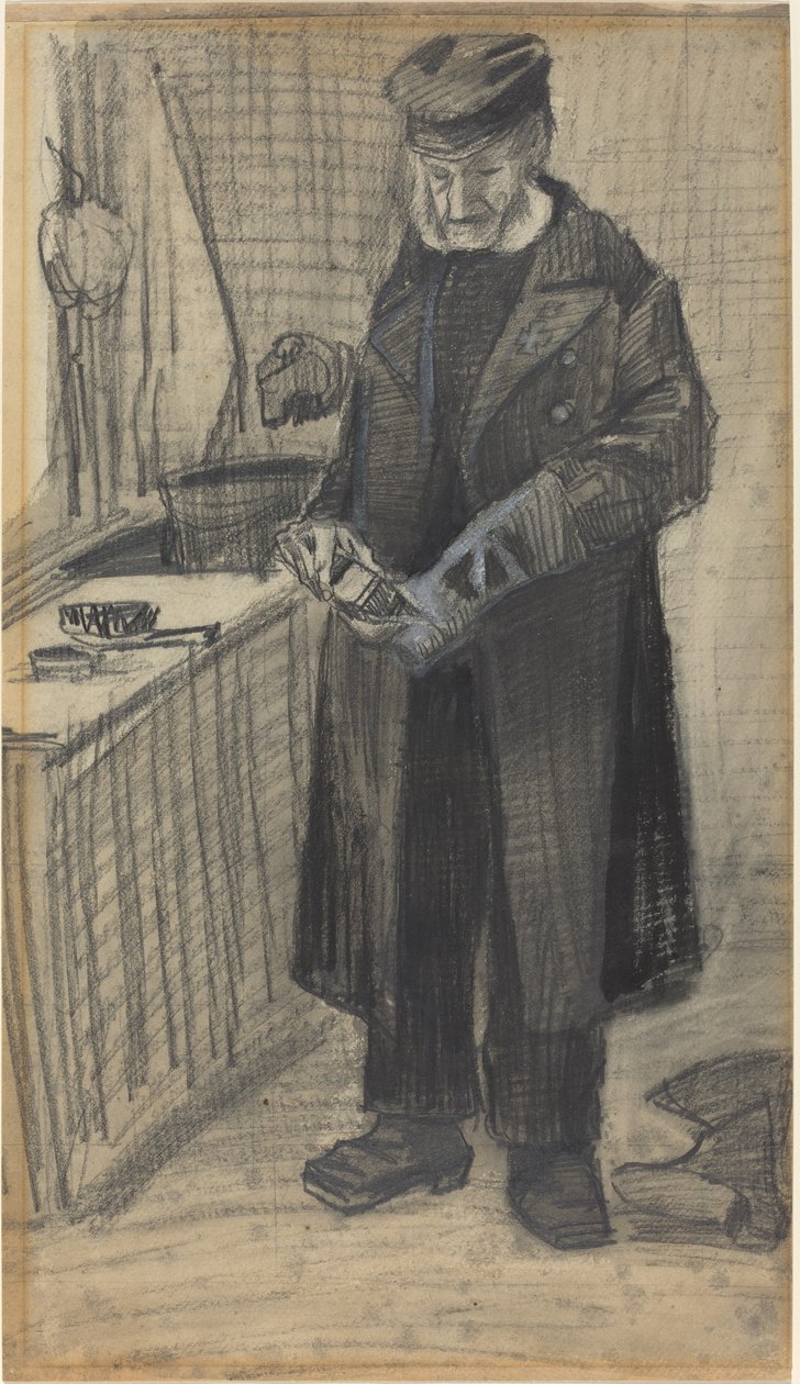 Man Polishing a Boot, 1882 (svart krita och grå tvätt, med vit förhöjning på vävt papper) av Vincent van Gogh