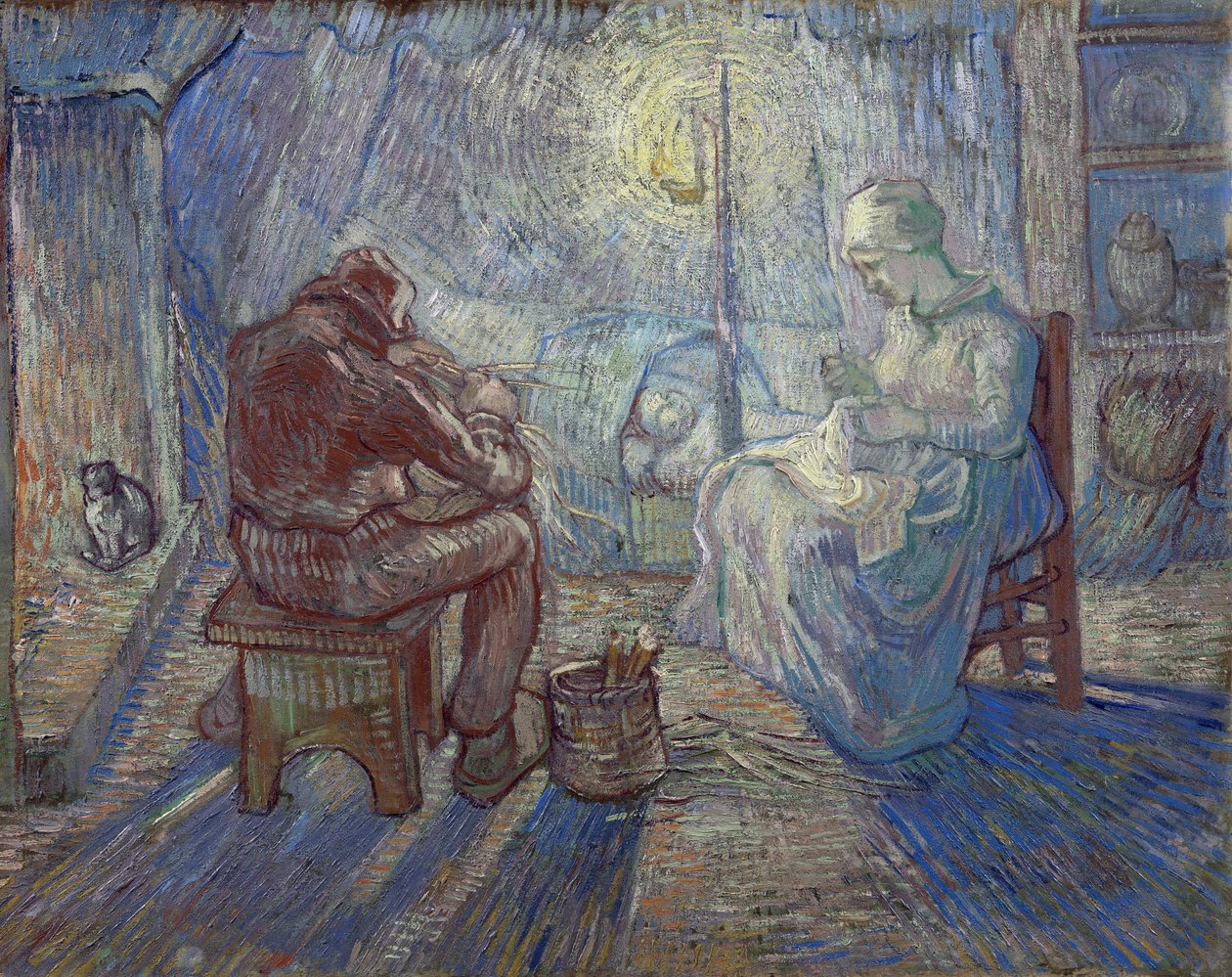 "Natt" (natt) bondefamilj i ett interiör - målning av Vincent van Gogh (1853-1890) efter Millet av Vincent van Gogh