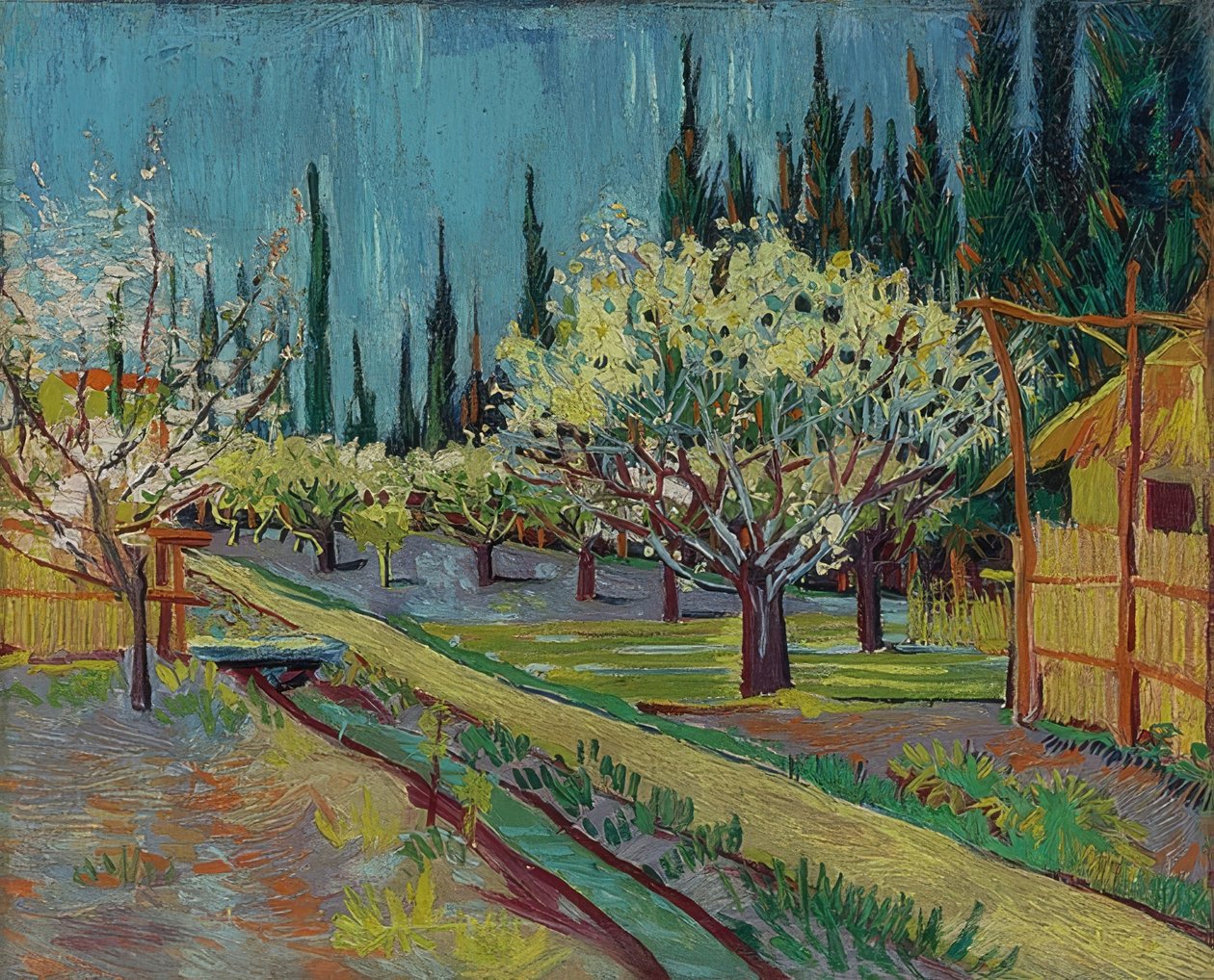 Fruktträdgård omgiven av cypresser. 1888 av Vincent van Gogh