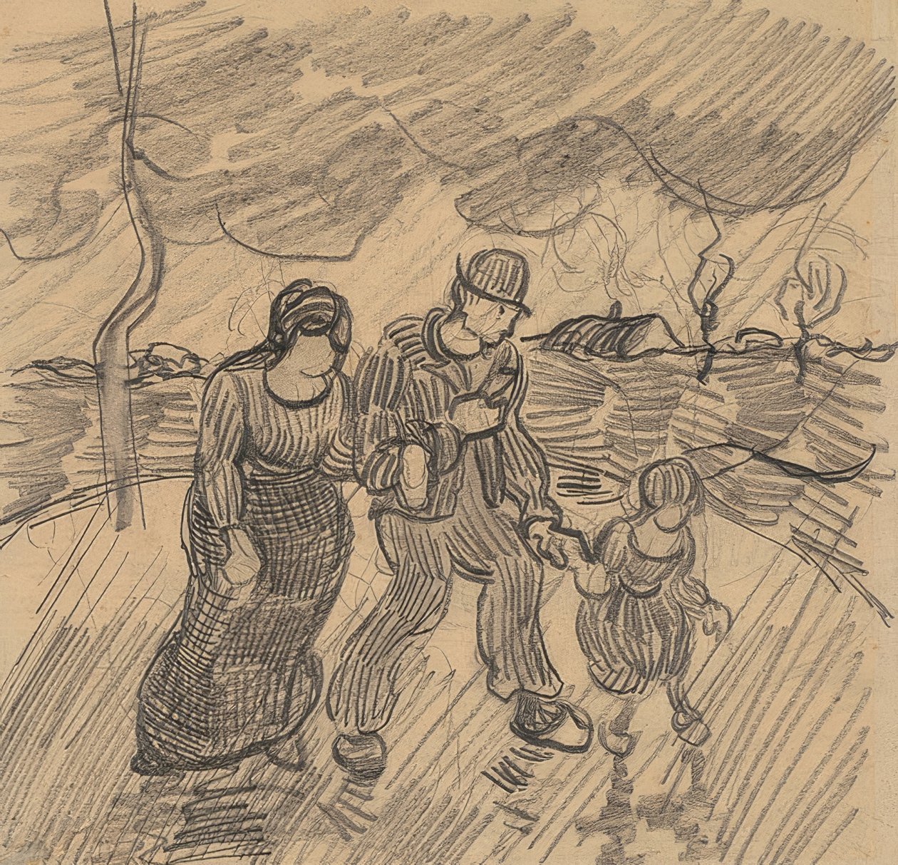 Par med barn på en gata i regnet. 1890 av Vincent van Gogh