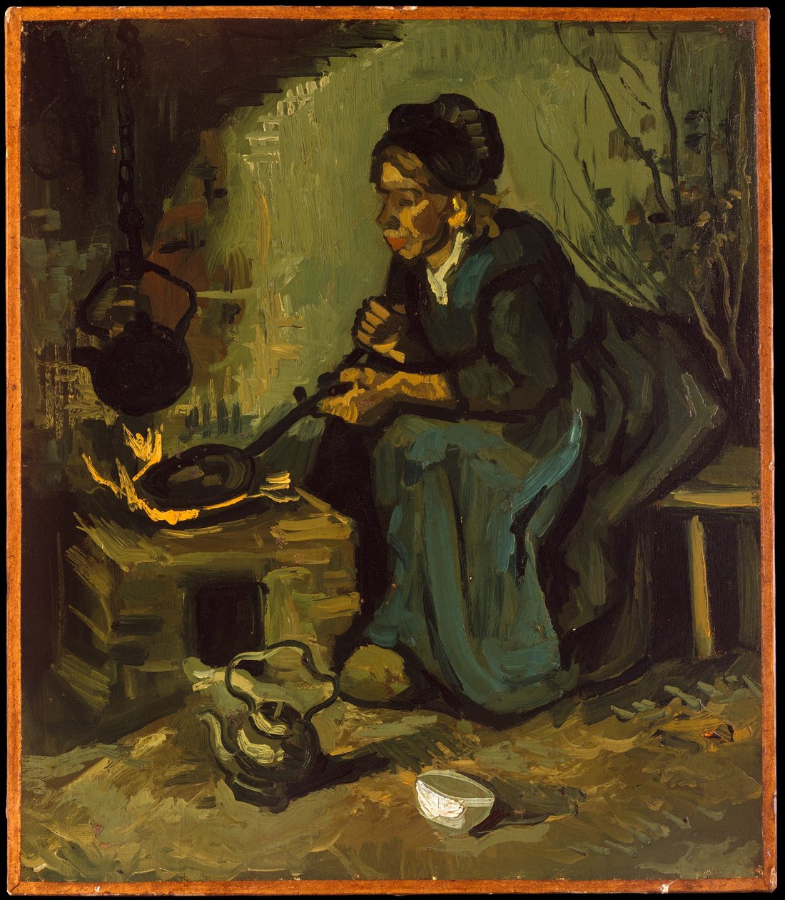 Bondkvinna som lagar mat vid en eldstad av Vincent van Gogh