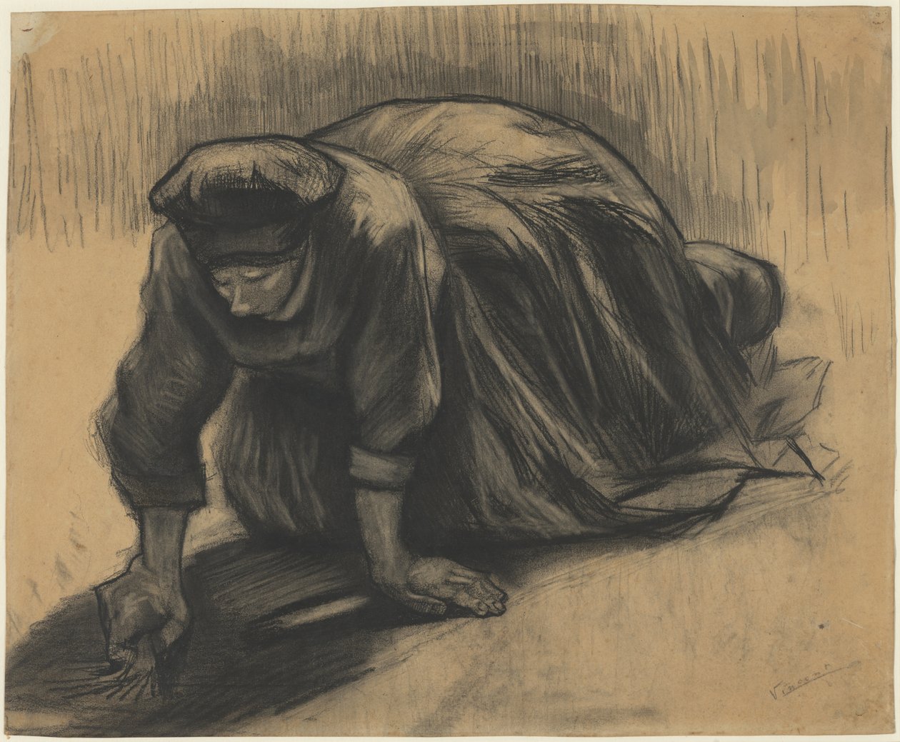 Knäböjande bondkvinna som drar upp morötter av Vincent van Gogh