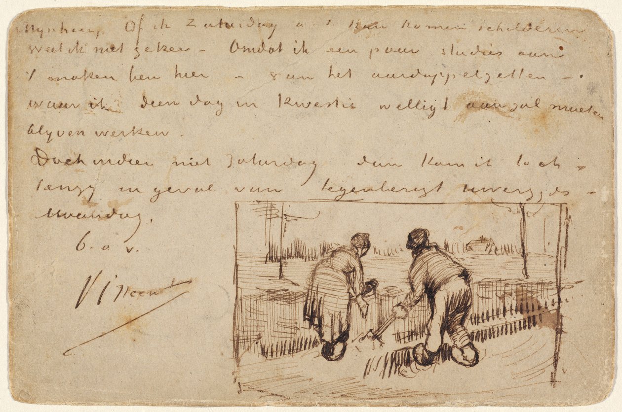 Vykort med två bönder som gräver, 1885 (penna och brunt bläck på ett vykort) av Vincent van Gogh