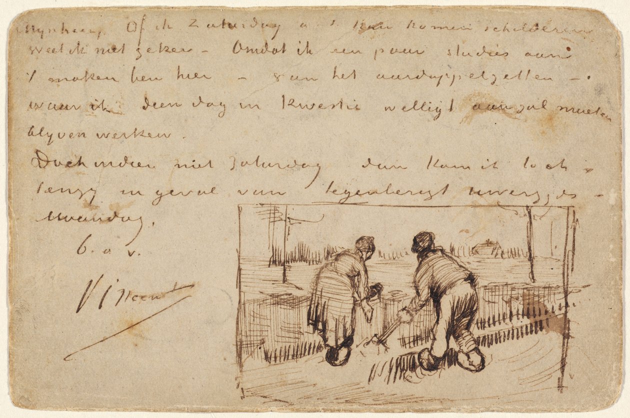 Vykort med två bönder som gräver, 1885. av Vincent van Gogh