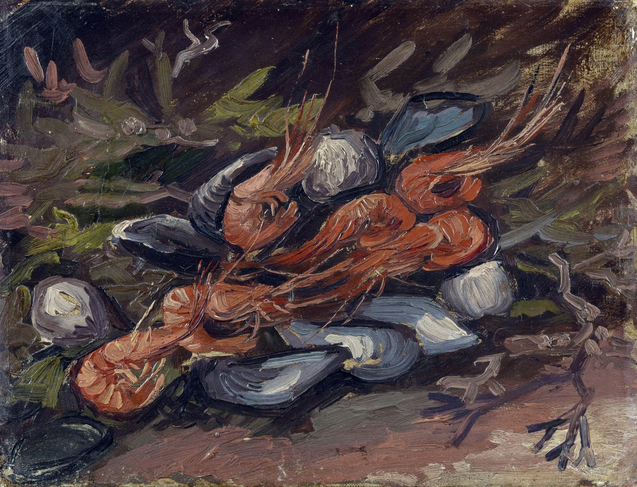 Räkor och musslor (Prawns and Mussels) av Gogh, Vincent, van (1853-1890). Olja på duk, storlek: 26,5x34,8 av Vincent van Gogh