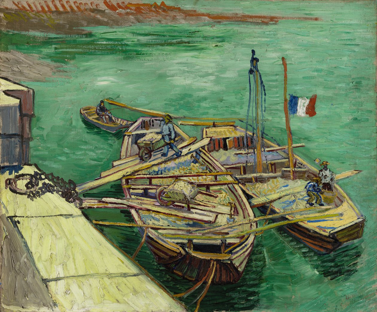 Kaj med män som lossar sandpråmar av Vincent van Gogh