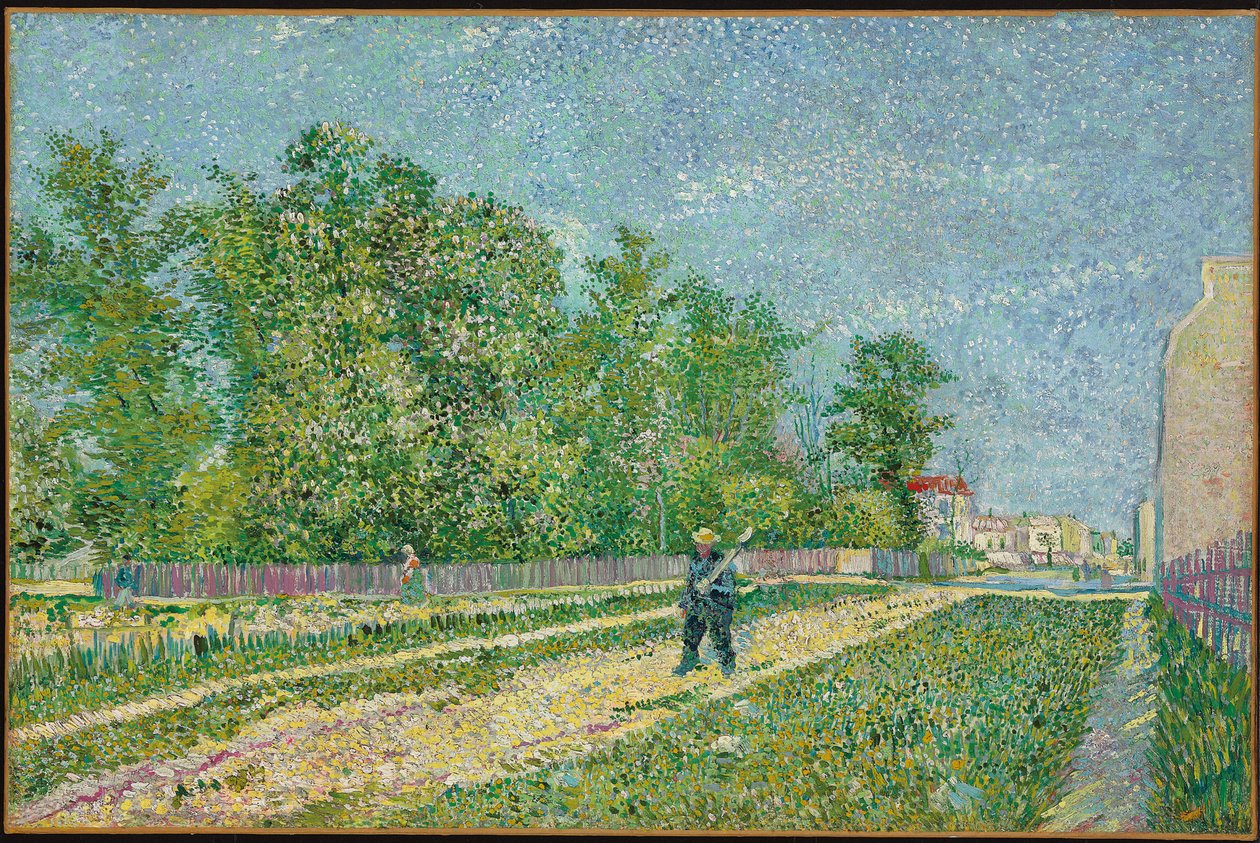 Väg i utkanten av Paris, bonde som bär en spade på axeln, 1887 av Vincent van Gogh