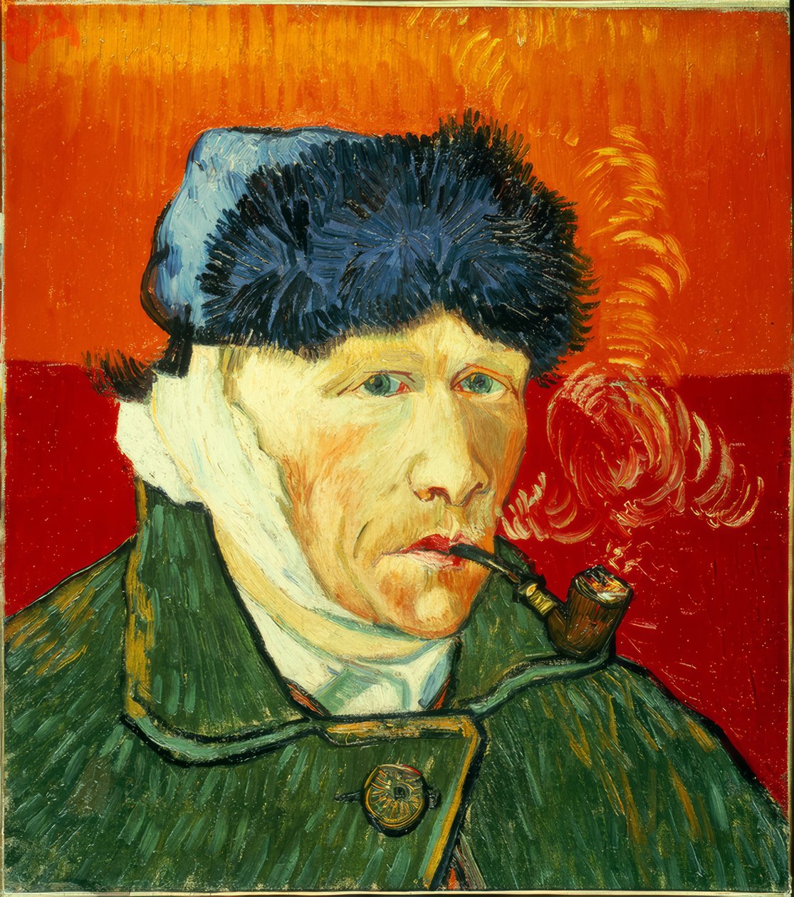 Självporträtt med pälsmössa, bandagerad öra och tobakspipa av Vincent van Gogh