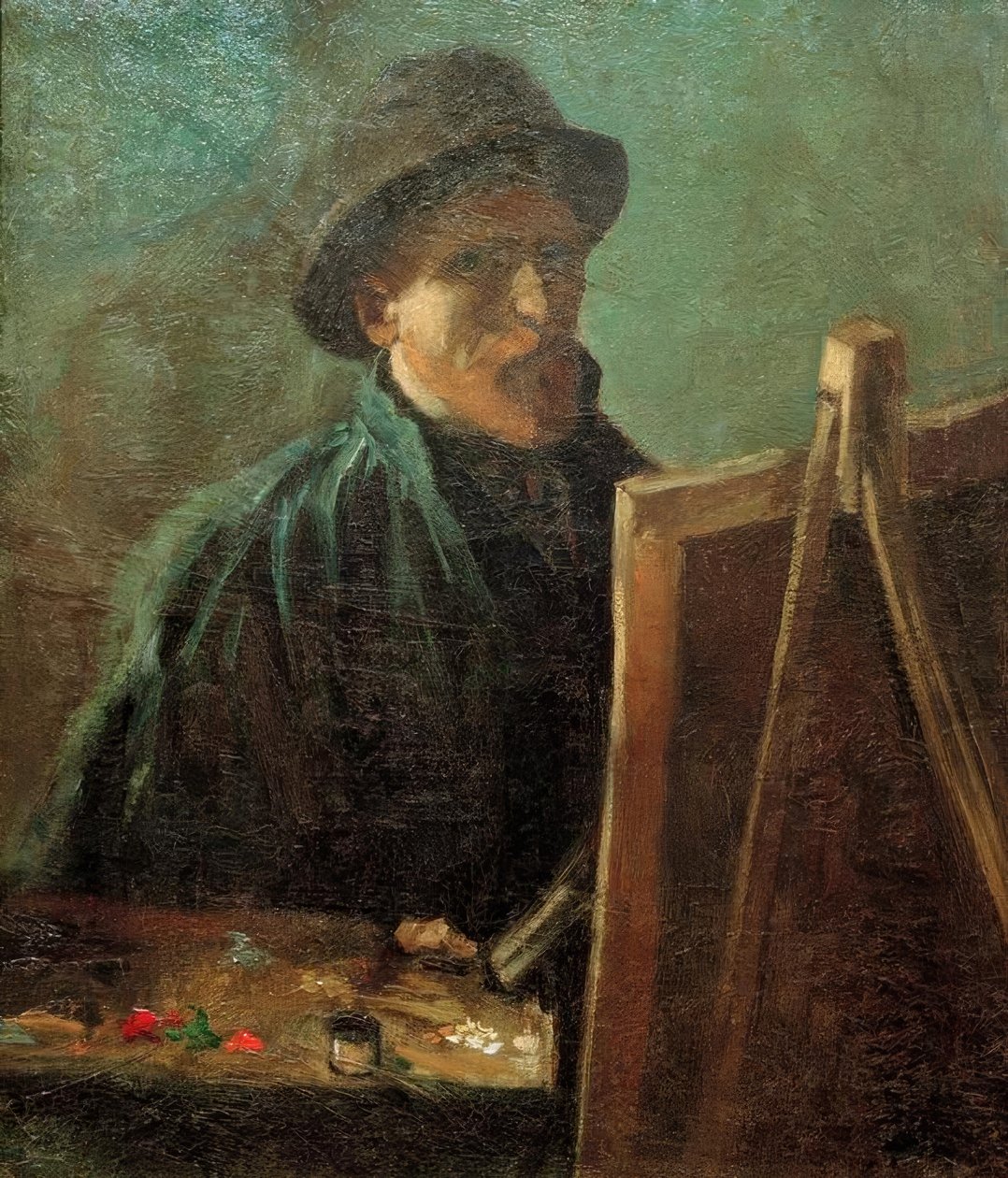 Självporträtt med mörk pälsmössa framför staffliet av Vincent van Gogh