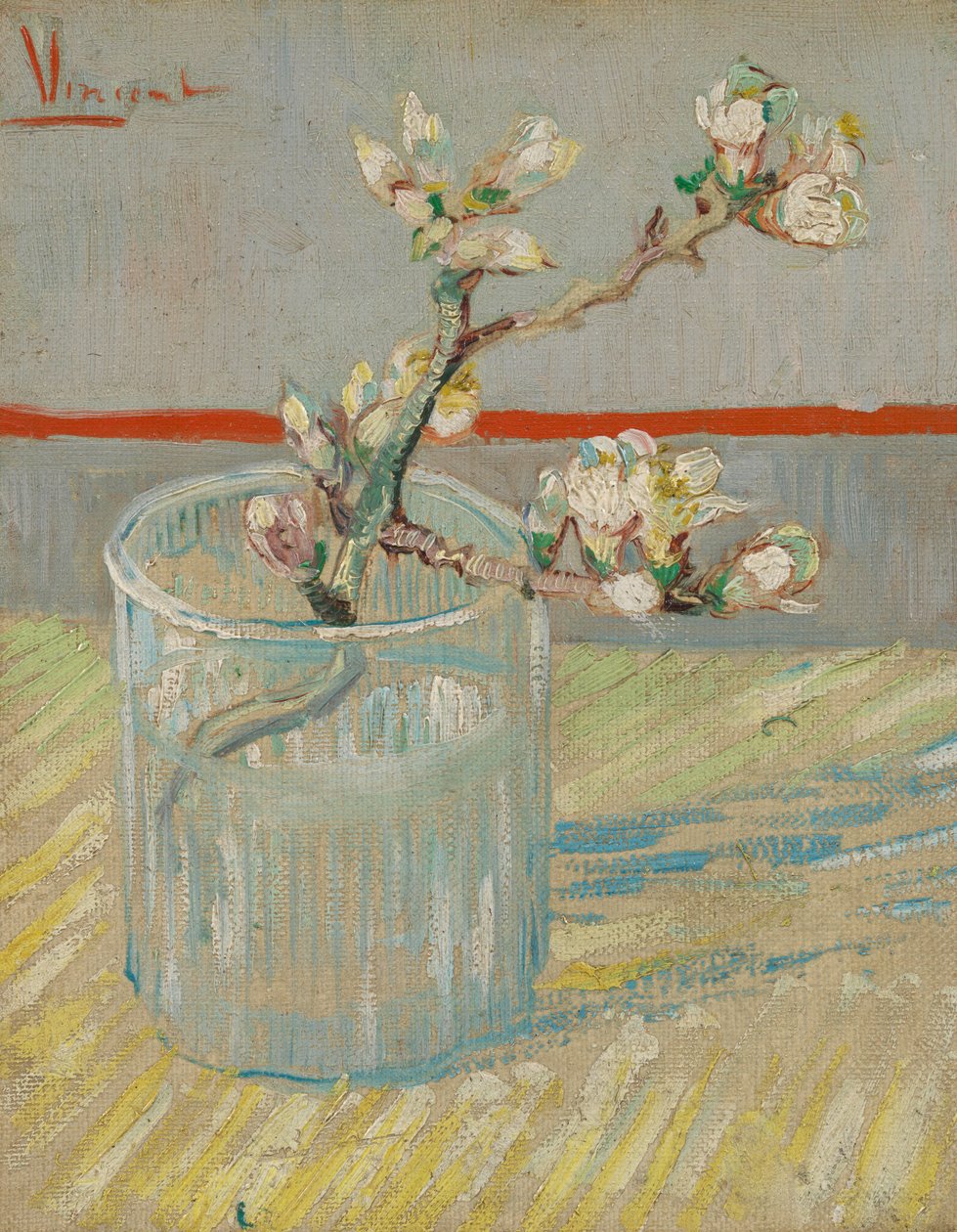 Kvist av blommande mandelblomma i ett glas av Vincent van Gogh