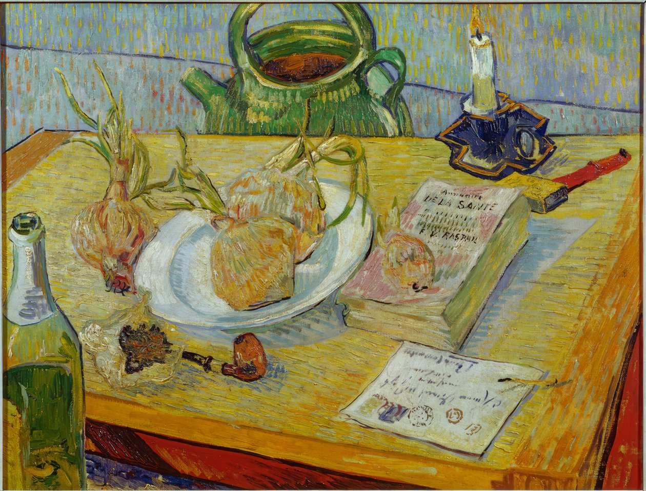 Stilleben med ritbräda, pipa, lök och tätningsvax av Vincent van Gogh
