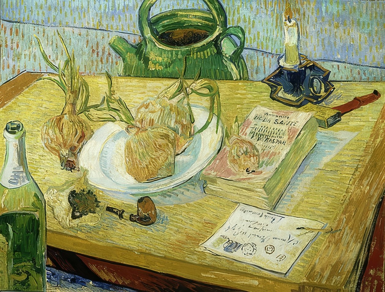 Stilleben med ritbräda, pipa, lök och tätningsvax. 1889 av Vincent van Gogh
