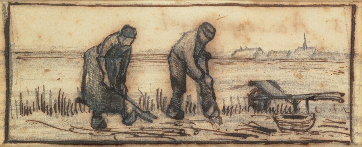 Potatisskörden, från en serie av fyra teckningar som representerar de fyra årstiderna (penna, penna och brunt bläck på papper) (se även 61643-5) av Vincent van Gogh