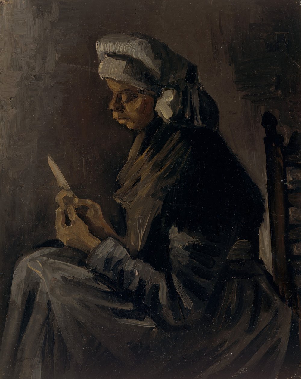 Potatisskalarens baksida: Självporträtt med stråhatt, 1885. av Vincent van Gogh