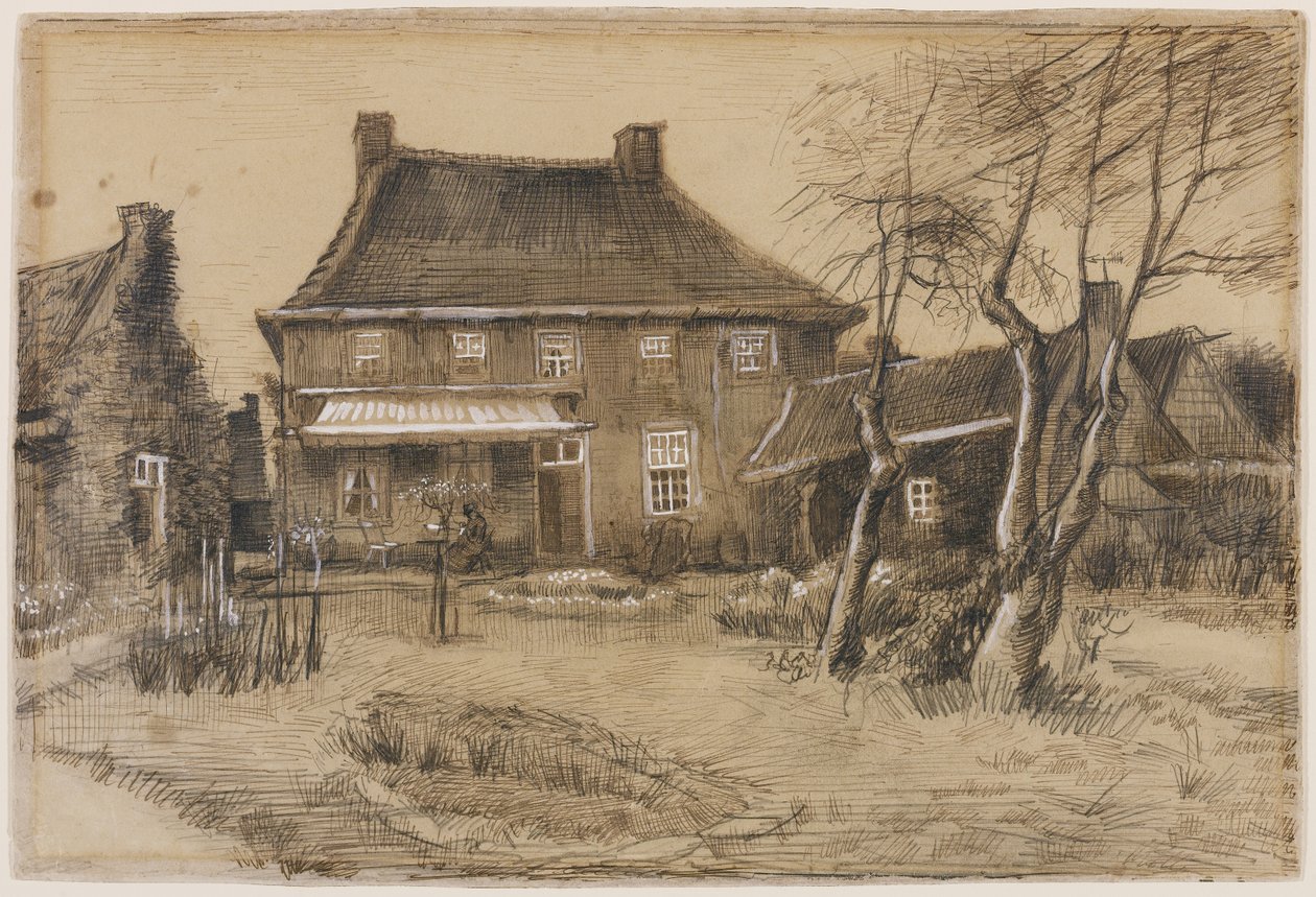 Prästgården i Neunen: Sett från baksidan, med konstnärsstudion till höger, ca 1884 (grafit, penna och brunt bläck, brun tvätt, förhöjd med vitt på vävt papper) av Vincent van Gogh