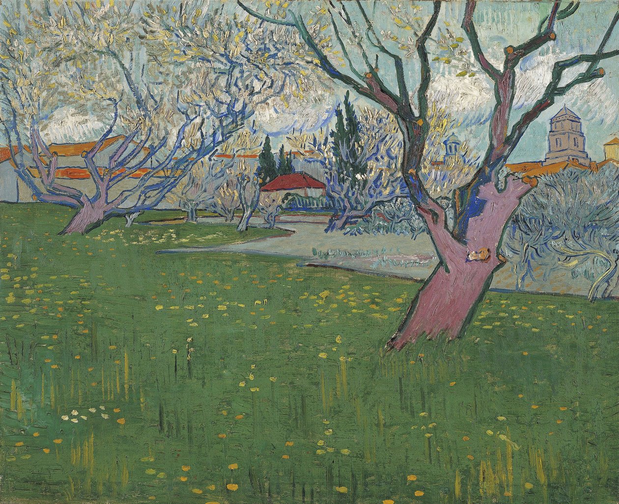 ""Vergers en fleurs, Arles"" (Odlingar i blom, utsikt över Arles) Peinture de Vincent van Gogh (1853-1890) 1888 Amsterdam, Van Gogh museum av Vincent van Gogh