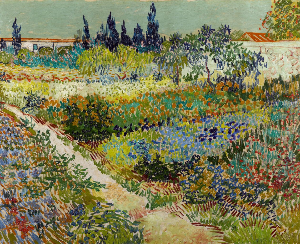 ""Utsikt över den blommande trädgården med stig"" (Blommande trädgård med stig) Målning av Vincent van Gogh (1853-1890) 1888 Gemeentemuseum Den Haag, Haag, Nederländerna av Vincent van Gogh