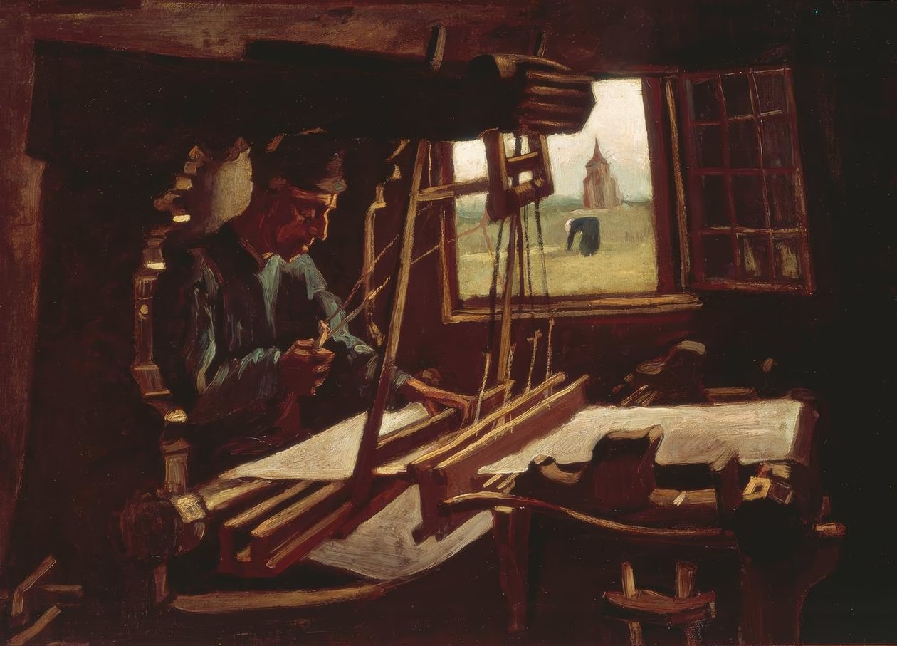 Weber framför ett öppet fönster med utsikt över tornet i Nuenen av Vincent van Gogh