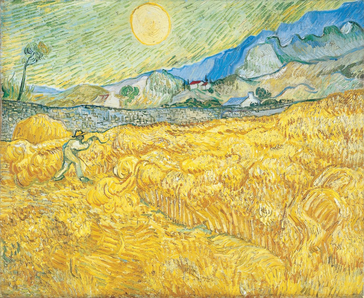 Vetefält bakom Saint-Paul-sjukhuset med en skördetröska av Vincent van Gogh