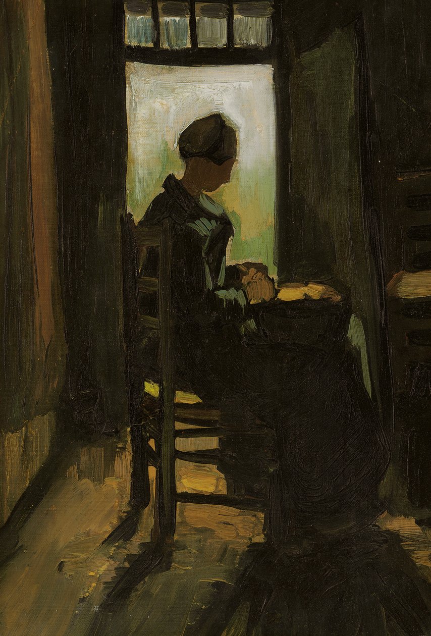 Kvinna som sitter framför en öppen dörr, skalar potatis, 1885 av Vincent van Gogh