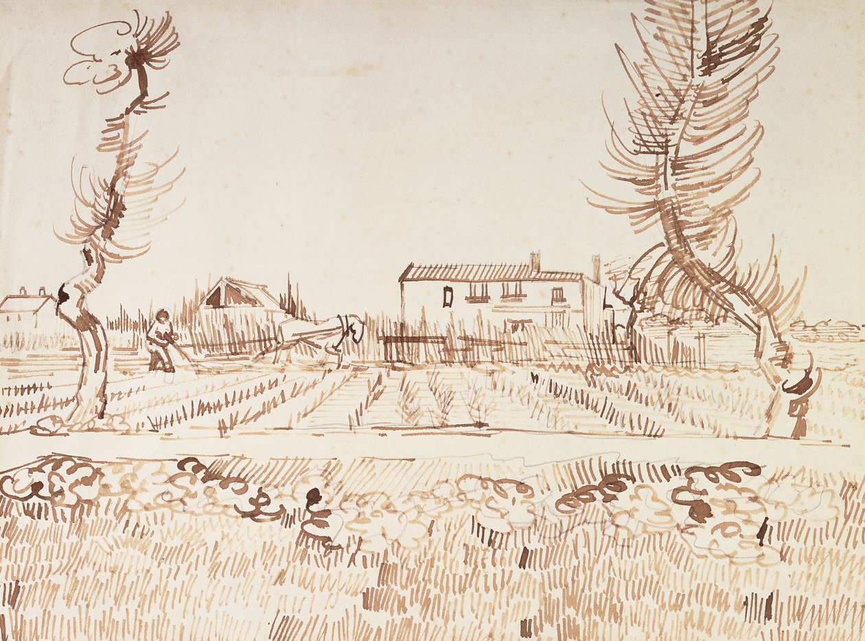 Arbeta på fälten i Arles; Plogman på fälten i Arles, 1888 av Vincent van Gogh