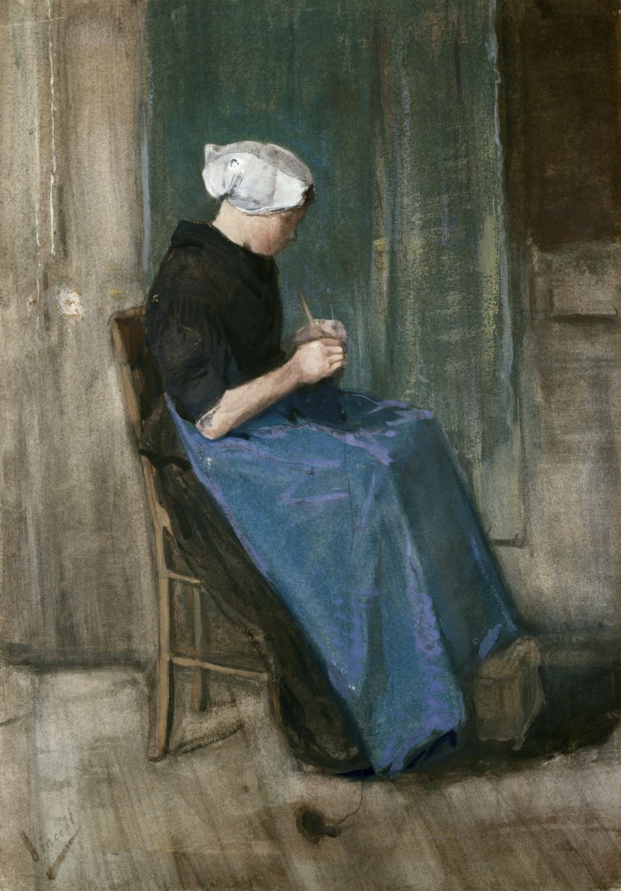 Ung Scheveningen kvinna stickar, vänd åt höger, 1881 av Vincent van Gogh