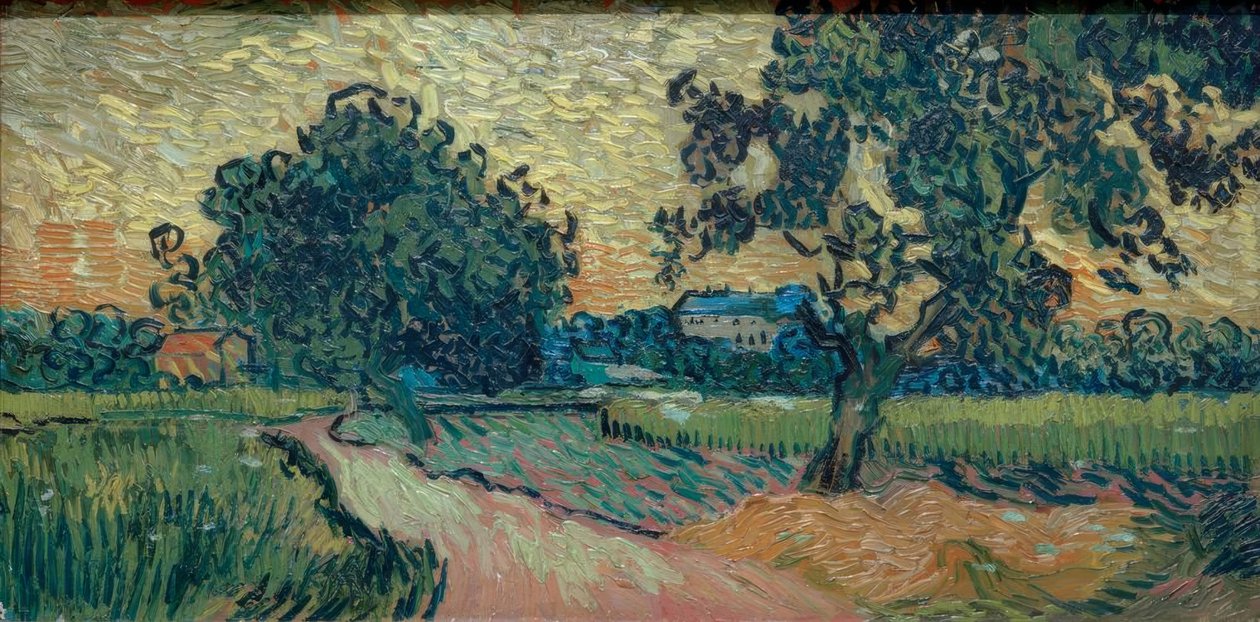 Två päronträd och slottet Auvers (landskap i av Vincent van Gogh