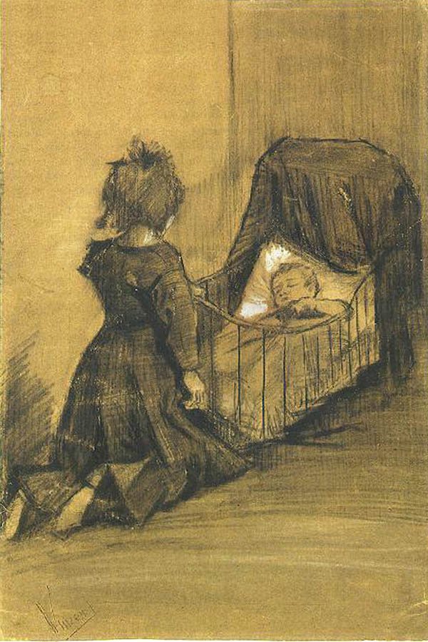 Girl Kneeling by a Cradle F 1024 JH 336 av Vincent van Gogh