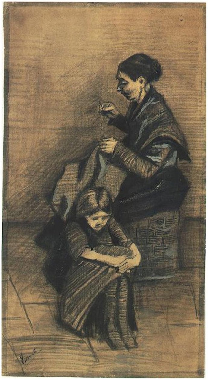 Sien,-Sitting-on-a-Basket,-with-a-Girl F1072 Vincent van Gogh av Vincent van Gogh