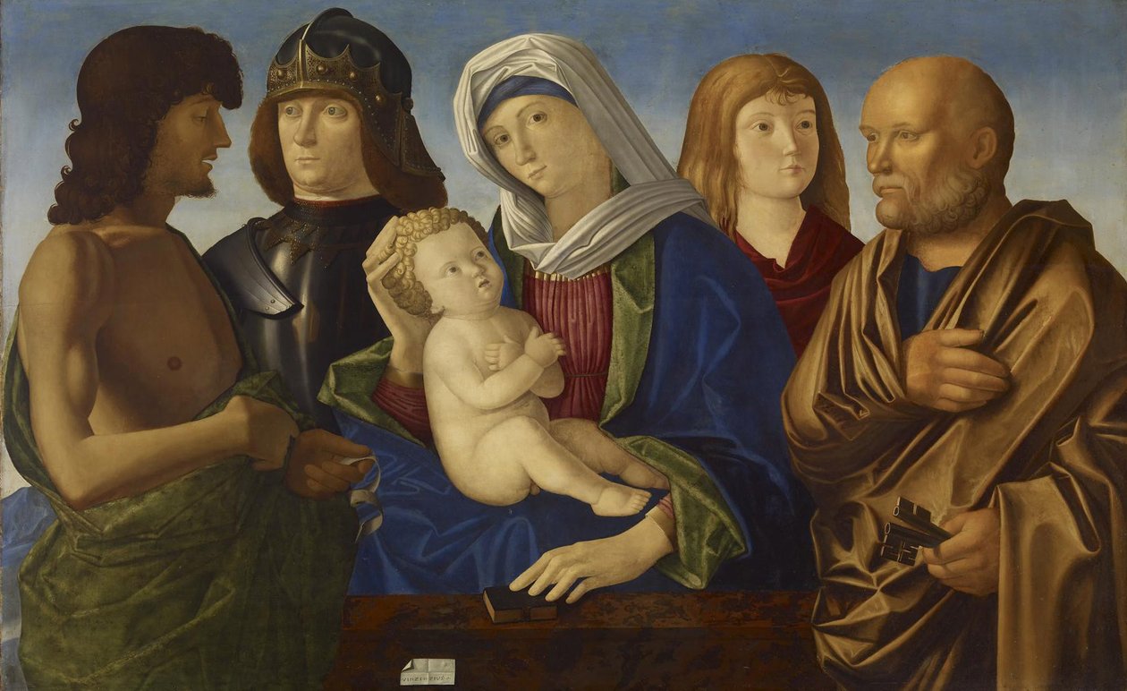 Madonna och barn med fyra heliga, ca 1500 (måla på panel) av Vincenzo di Biagio Catena