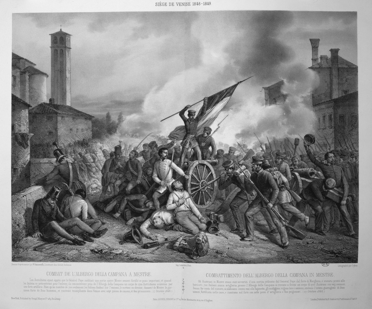 Slaget vid Albergo della Campana i Mestre den 27 oktober 1848 under belägringen av Venedig 1848-9 (litografi) av Vincenzo (after) Giacomelli