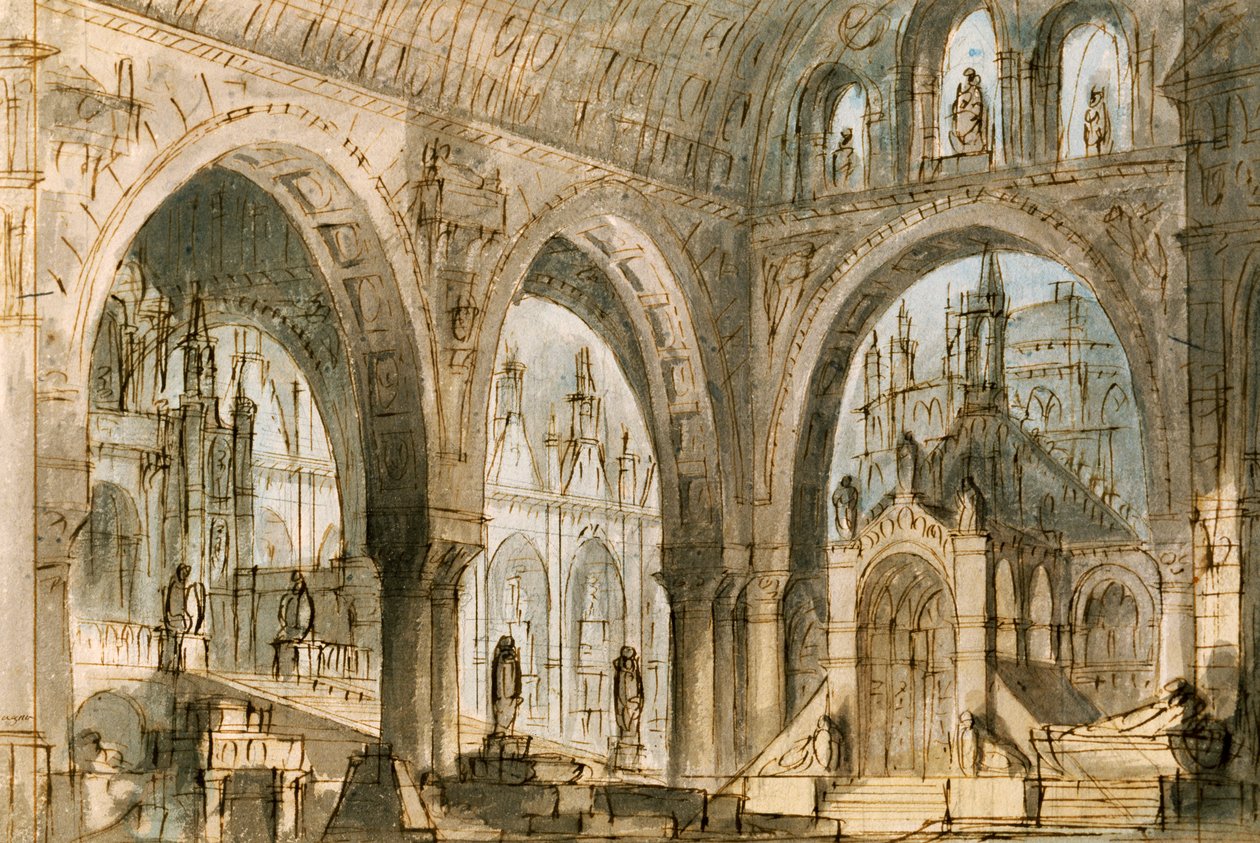 Scenografi av Francesco Bagnara för den fjärde scenen av Capuleti och Montecchi, opera av Vincenzo Bellini (1801-1835), uppförd på La Fenice Theatre i Venedig av Vincenzo Bellini