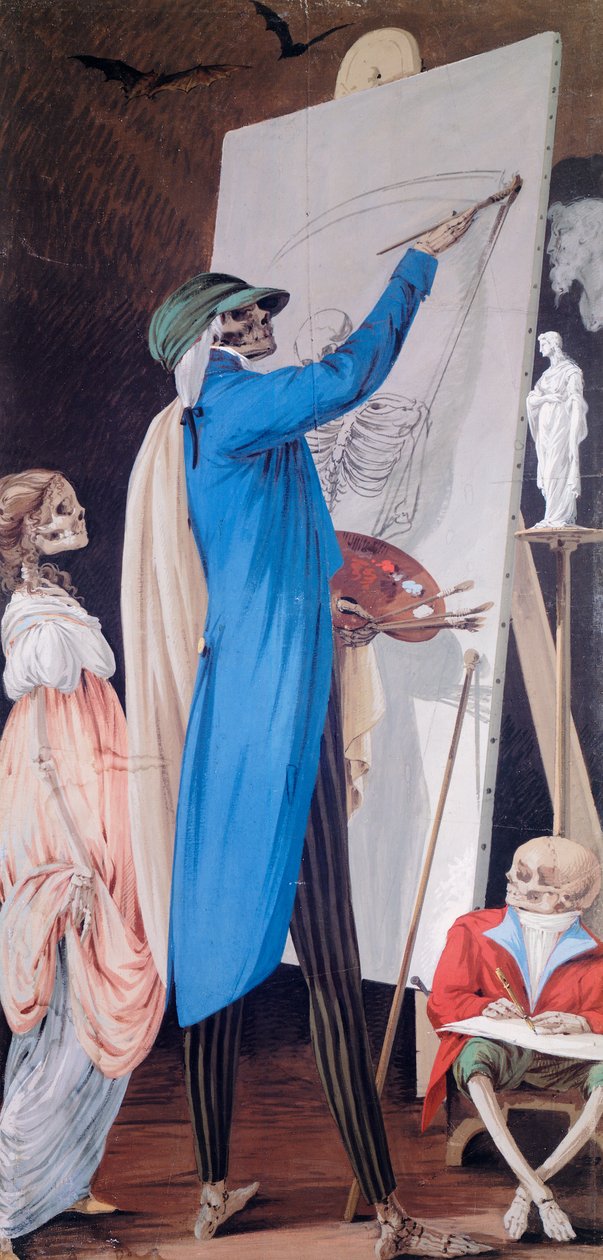 Målare och hans fru med dvärg, från Cycle of Scenes of Living Skeletons, Paolo Vincenzo Bonomini (1757-1839), tempera på duk Church of Santa Grata Inter Vites, i Borgo Canale, Bergamo, Italien av Vincenzo Bonomini