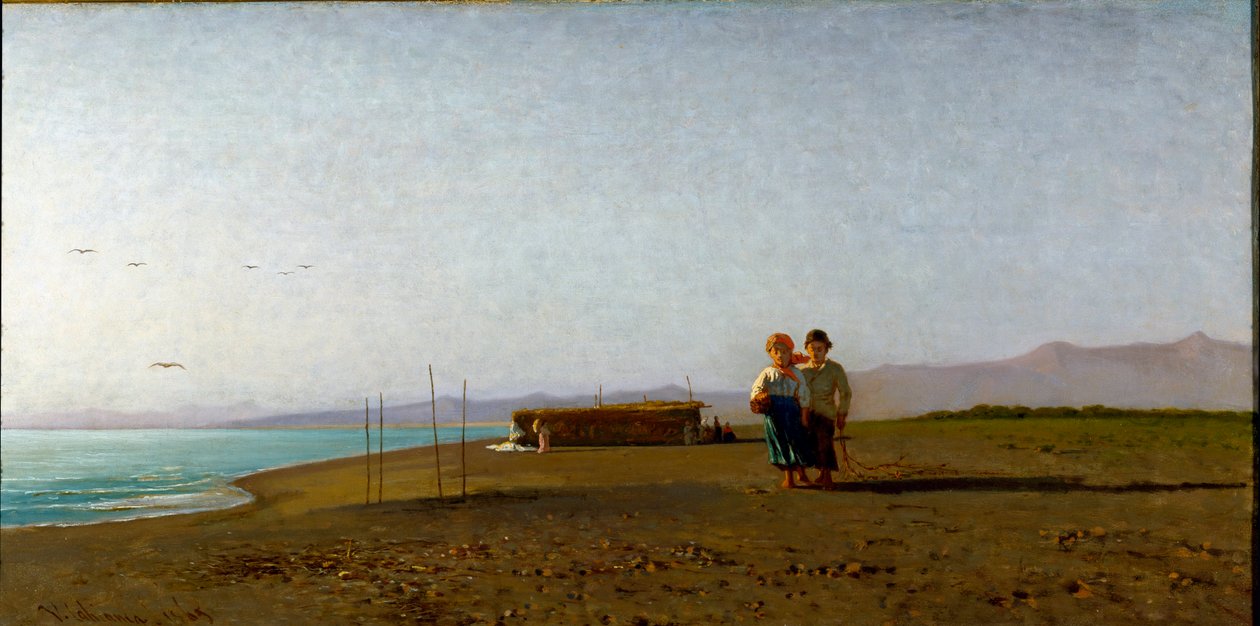 Utsikt över stranden i Viareggio morgonsolen på den toskanska kusten, två barn silhuetter. Målning av Vincenzo Cabianca (1827-1902) av Vincenzo Cabianca