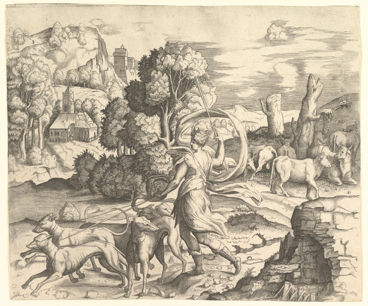 Jägaren Diana i ett landskap, ca. 1530-42. av Vincenzo Caccianemici