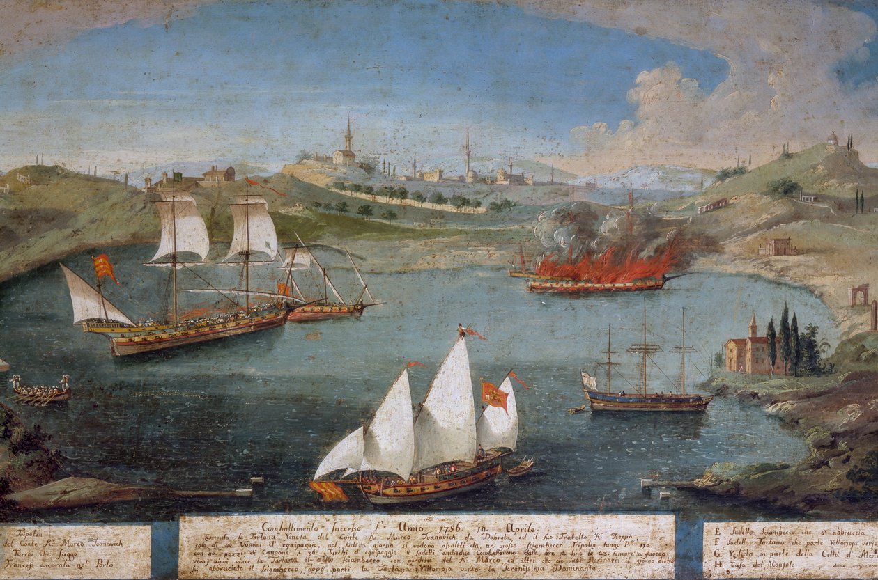 Sjöstrid mellan venetianska fartyg av Marco Ivanovich Dobrota och turkiska fartyg, 19 april av Vincenzo Chilone