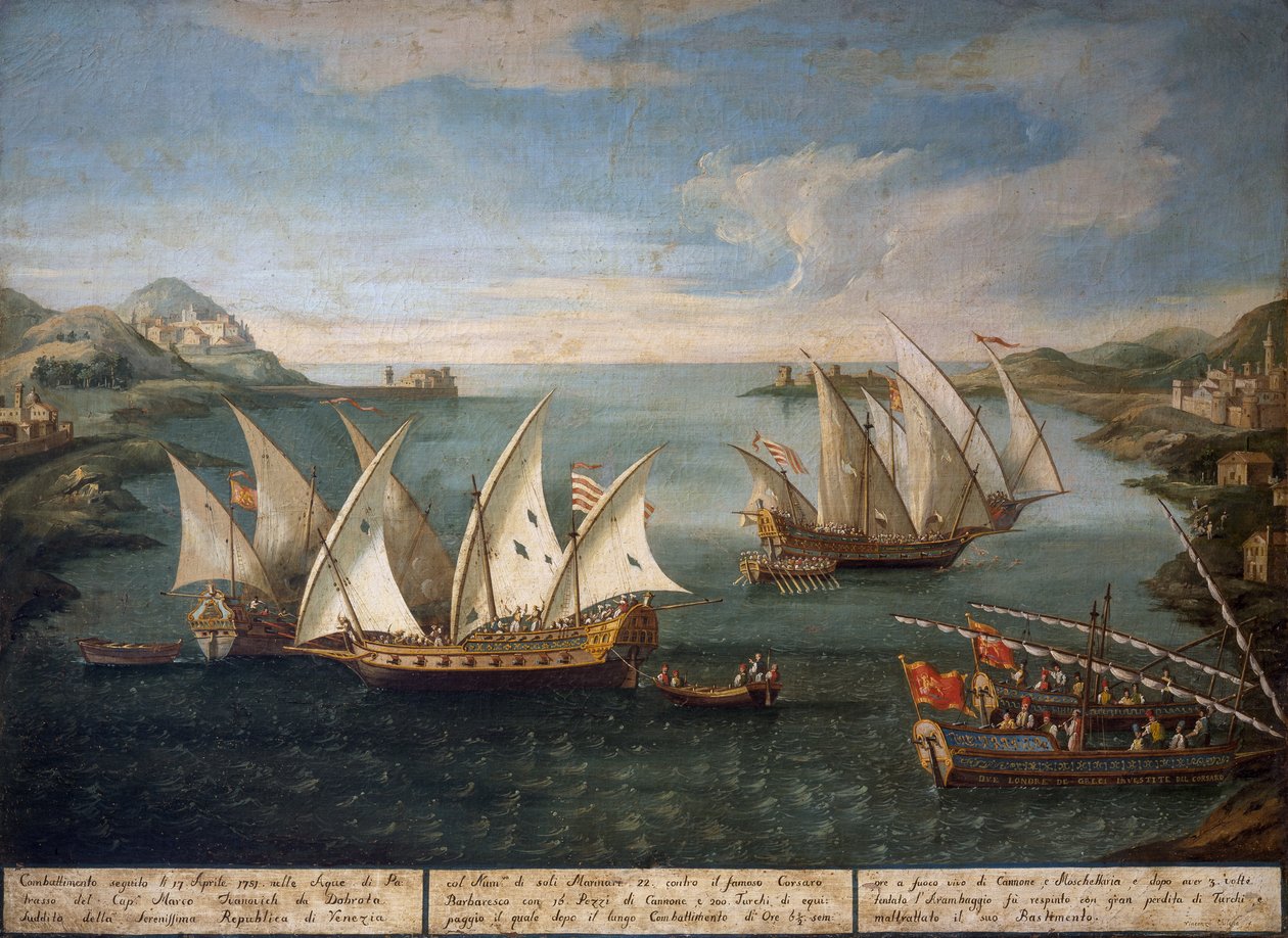 Sjöstrid mellan venetianska fartyg av Marco Ivanovich Dobrota och turkiska fartyg utanför Patras den 17 april av Vincenzo Chilone