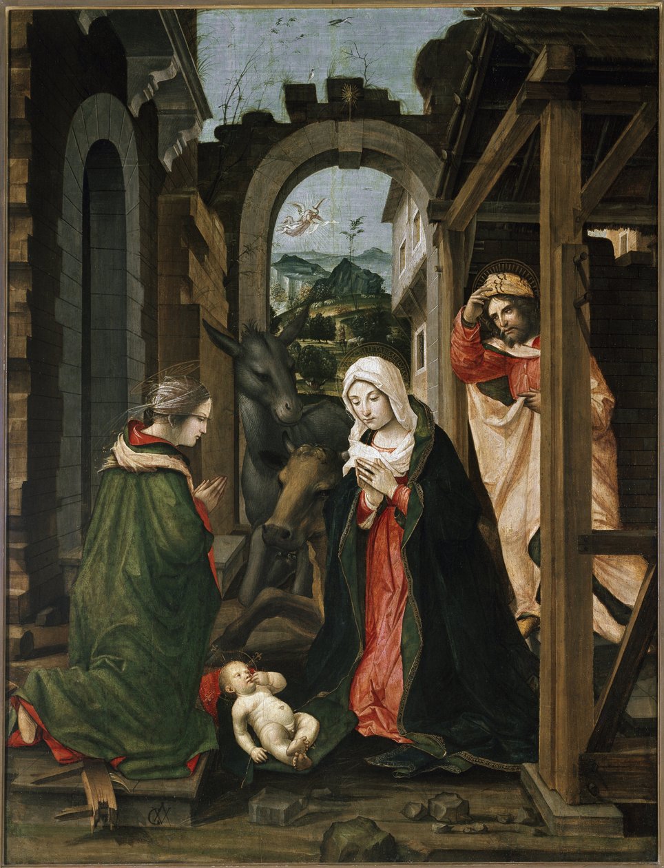 Nativity med St Catherine of Alexandria (olja på panel av Vincenzo Civerchio
