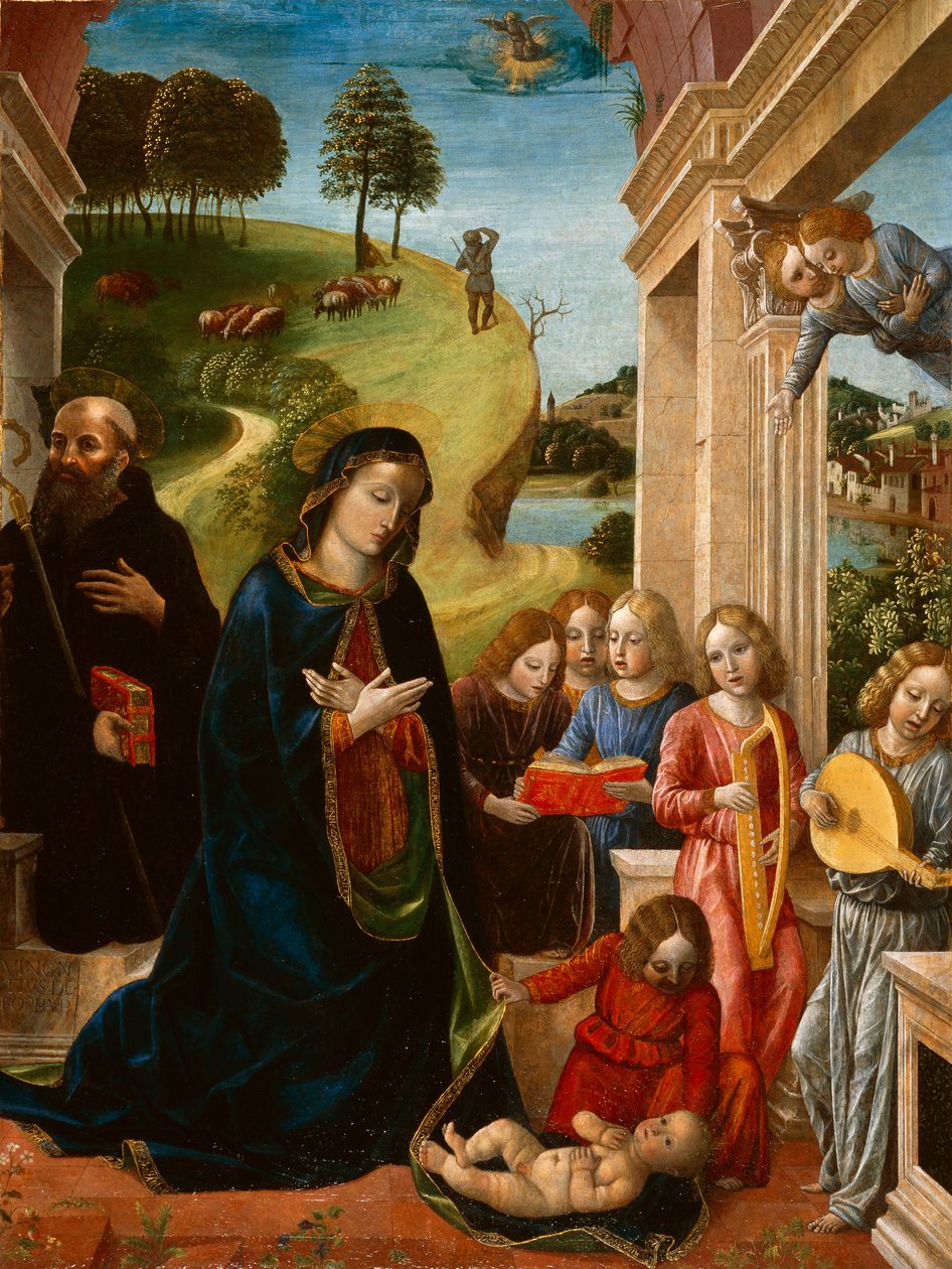 Tillbedjan av barnet med St. Benedictus och änglar, c.1478 (tempera på duk) av Vincenzo Foppa